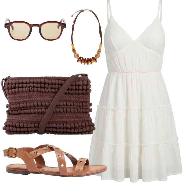 Outfit donna - Sinfonia d\'Estate. Stile Casual per Serata fuori. Abbinamento con sandali, borse a tracolla, vestiti corti, cappotti, occhiali da sole, collane.