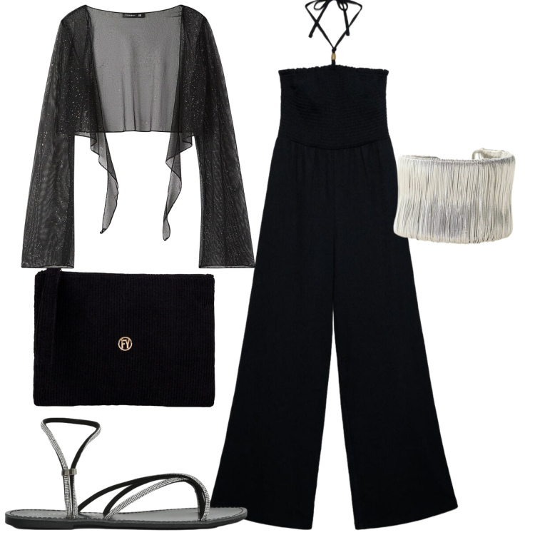 Outfit donna - Serata. Stile Casual chic per Serata fuori. Abbinamento con tute, blazer, sandali, braccialetti, pochette.