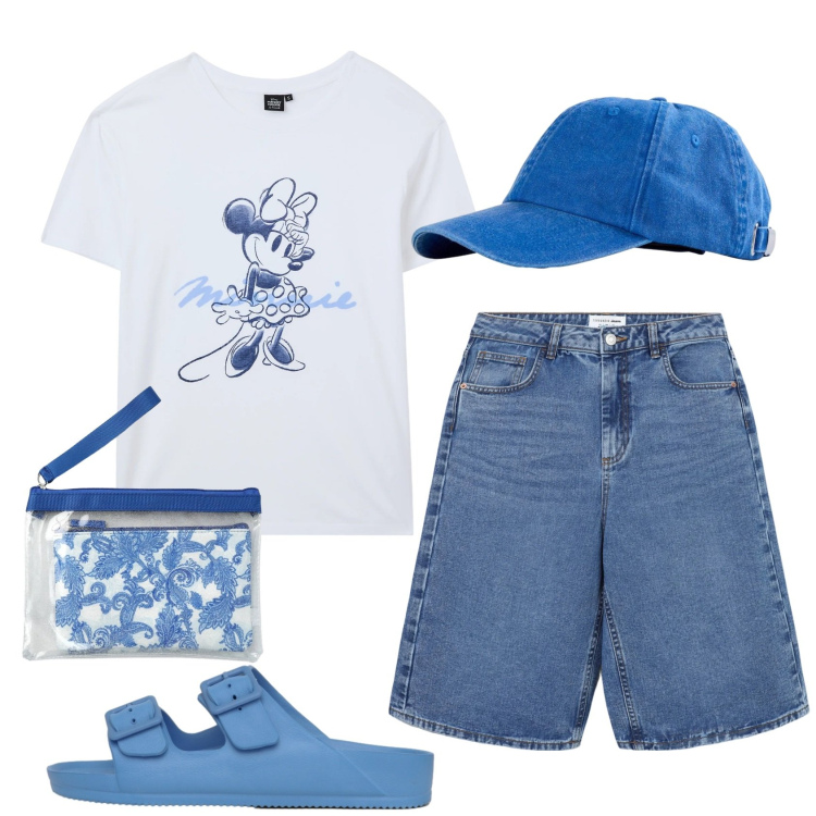 Outfit donna - Total look #2422718. Stile Casual per Mare. Abbinamento con cappelli con visiera, t-shirt, bermuda, ciabatte, pochette.