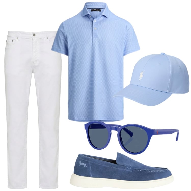 Outfit uomo - Total look #2422726. Stile Casual per Mare. Abbinamento con pantaloni, scarpe stringate, cappelli, occhiali da sole, polo.