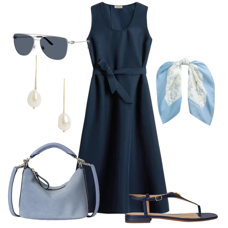 Outfit donna - Aperitivo glam rilassato. Stile Glamour per Serata fuori. Abbinamento con vestiti midi/longuette, sandali in pelle, borse a spalla, orecchini, foulard, occhiali da sole.