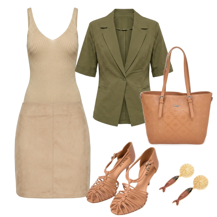 Outfit donna - Total look #2422741. Stile Casual chic per Ufficio. Abbinamento con sandali in pelle, orecchini, blazer, minigonne, canottiere, borse a tracolla.