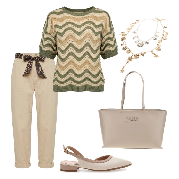 Outfit donna - Total look #2422743. Stile Glamour per Ufficio. Abbinamento con t-shirt, pantaloni, ciondoli, ballerine, borse a spalla.