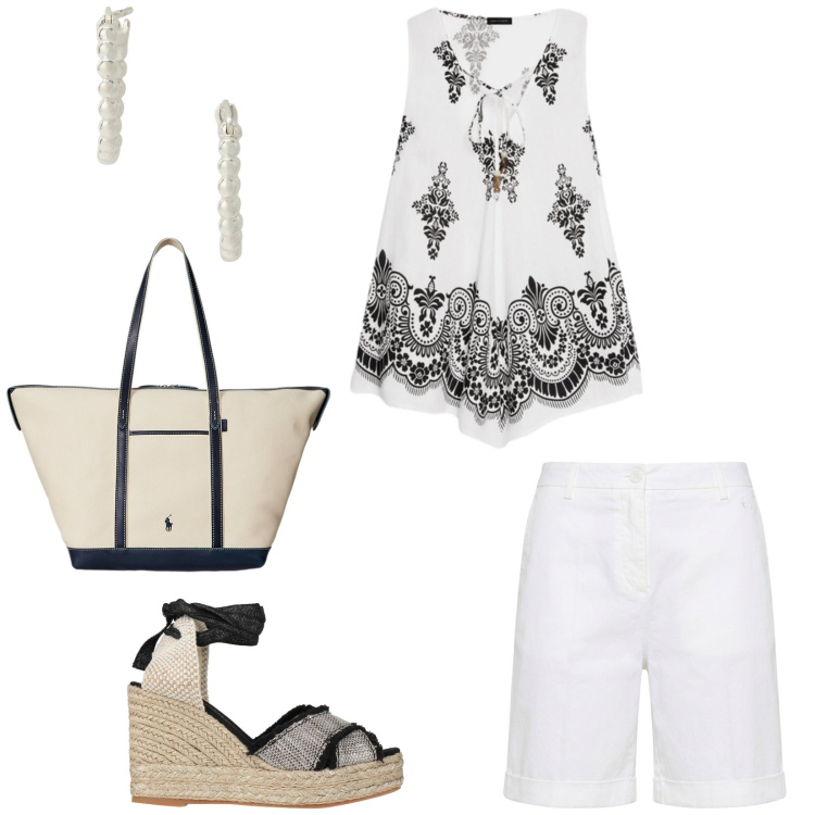 Outfit donna - Total look #2422753. Stile Casual chic per Tutti i giorni. Abbinamento con espadrillas, bermuda, canottiere, orecchini, borse tote.