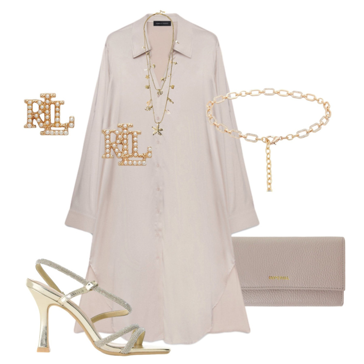 Outfit donna - Eleganza Fiorella Rubino. Stile Glamour per Serata fuori. Abbinamento con collane, portafogli, sandali col tacco, cinture, vestiti chemisier, orecchini.
