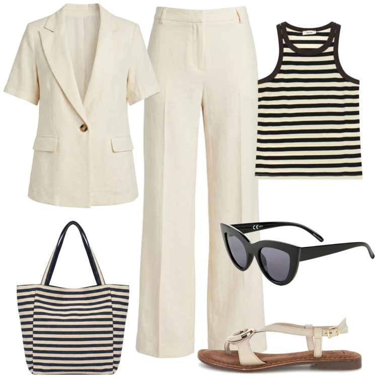 Outfit donna - Mese delle maree emotive. Stile Casual chic per Tutti i giorni. Abbinamento con occhiali da sole, top, pantaloni, blazer, borse tote, sandali.