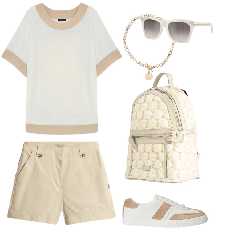 Outfit donna - Pomeriggio libero. Stile Sporty chic per Sport. Abbinamento con zaini, pantaloni corti, t-shirt, collane, sneakers, occhiali da sole.