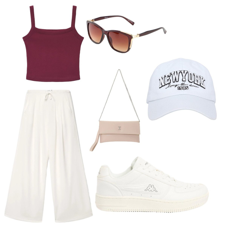 Outfit donna - Per uscire d’estate con gli amici. Stile Casual Abbinamento con sneakers, occhiali da sole, cappelli, canottiere, pantaloni, borse a tracolla.