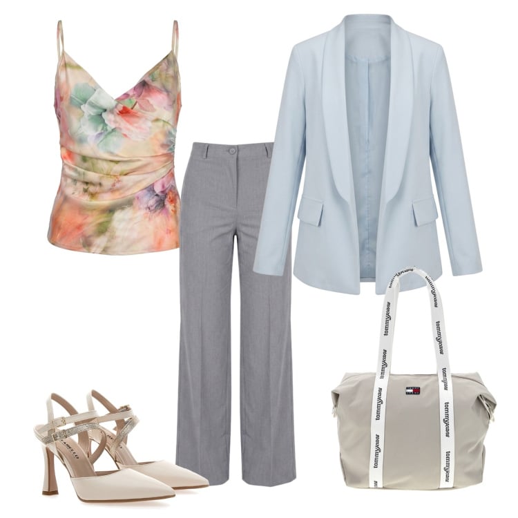 Outfit donna - Total look #2422771. Stile Casual chic per Ufficio. Abbinamento con canottiere, blazer, pantaloni a palazzo, décolleté, shopping bag.