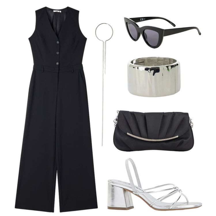 Outfit donna - Raffinata nero e argento. Stile Chic per Serata fuori. Abbinamento con sandali col tacco, clutch, occhiali da sole, tute, braccialetti, collane.