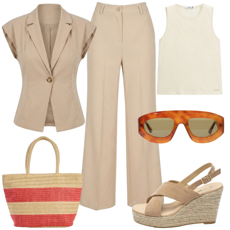 Outfit donna - Il potere delle emozioni. Stile Glamour per Ufficio. Abbinamento con sandali col tacco, shopping bag, occhiali da sole, top, pantaloni, blazer.