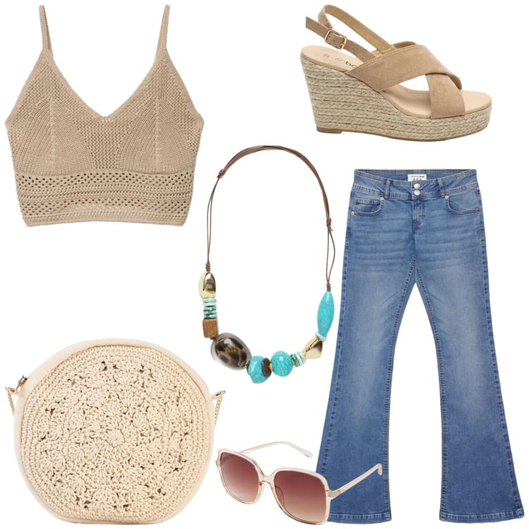 Outfit donna - Look anni 70. Stile 70s per Tutti i giorni. Abbinamento con occhiali da sole, sandali col tacco, borse a tracolla, jeans a zampa, top, collane.