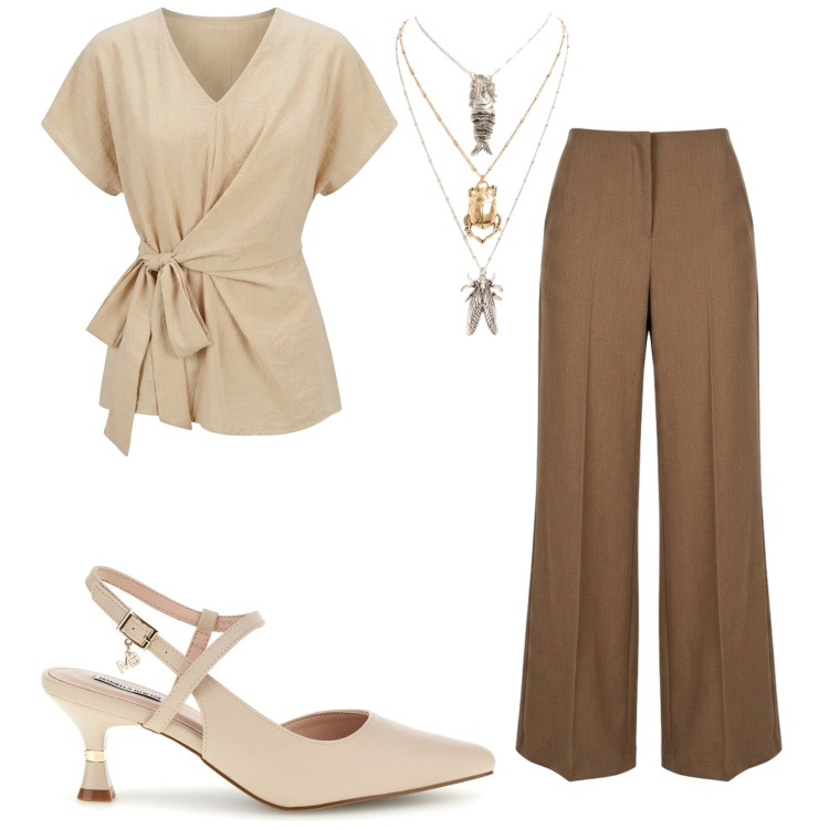 Outfit donna - Estate. Stile Bon Ton per Serata fuori. Abbinamento con pantaloni a palazzo, t-shirt, ciondoli, décolleté.