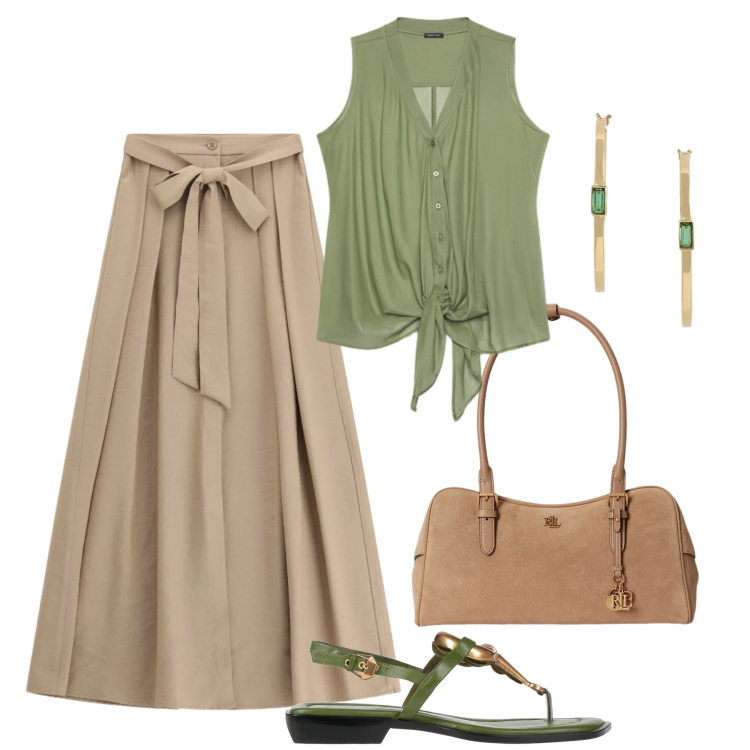 Outfit donna - Comfort e armonia curvy. Stile Casual chic per Tutti i giorni. Abbinamento con infradito, gonne lunghe, top, borse a mano, orecchini.
