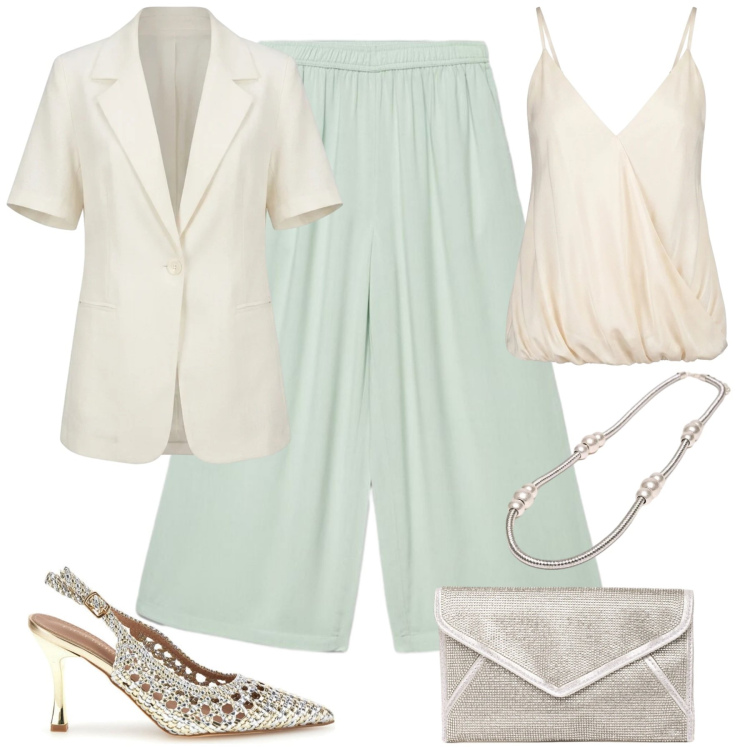 Outfit donna - Serata di emozioni. Stile Glamour per Serata fuori. Abbinamento con pantaloni a palazzo, clutch, blazer, collane, top, décolleté.