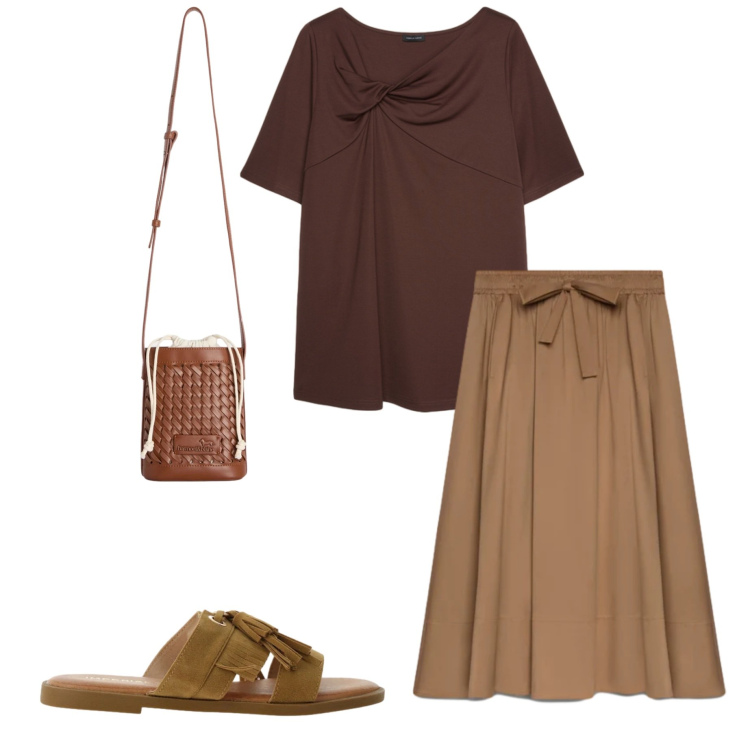 Outfit donna - In città. Stile Casual chic per Ufficio. Abbinamento con borse a secchiello, sandali, gonne lunghe, t-shirt.