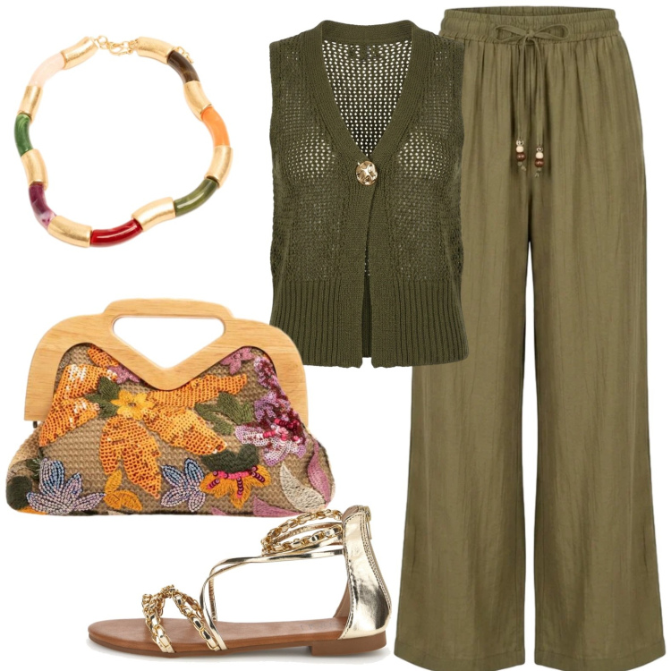 Outfit donna - Vivacemente in verde. Stile Boho per Tutti i giorni. Abbinamento con pantaloni a palazzo, maglieria, collane, clutch, sandali.