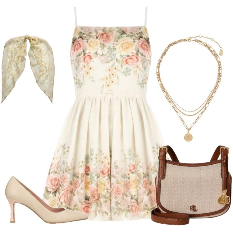 Outfit donna - Total look #2422804. Stile Casual chic per Tutti i giorni. Abbinamento con décolleté, vestiti corti, ciondoli, borse a tracolla, foulard.
