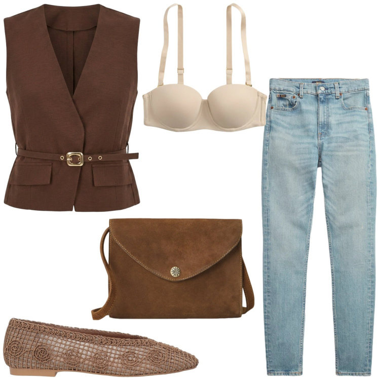 Outfit donna - Quiet luxury. Stile Chic per Tutti i giorni. Abbinamento con ballerine, gilet, jeans slim fit, borse a tracolla, reggiseni.