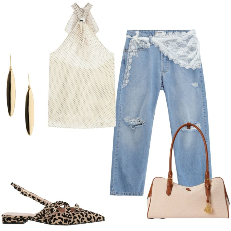 Outfit donna - Total look #2422809. Stile Casual chic per Tutti i giorni. Abbinamento con ballerine, top, jeans strappati, orecchini, borse a mano.