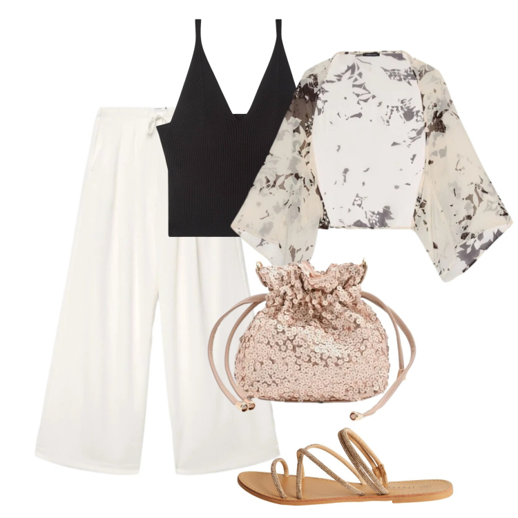 Outfit donna - Eleganza curvy per le sere di giugno - F. Stile Chic per Serata fuori. Abbinamento con top, pantaloni, sandali, pochette, bolero.