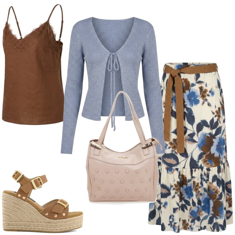 Outfit donna - Apericena. Stile Chic per Serata fuori. Abbinamento con gonne lunghe, cardigans, top, shopping bag, zeppe.