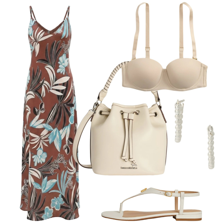 Outfit donna - Eleganza curvy per le sere di giugno - F. Stile Chic per Serata fuori. Abbinamento con borse a secchiello, vestiti lunghi, orecchini, sandali in pelle, reggiseni.