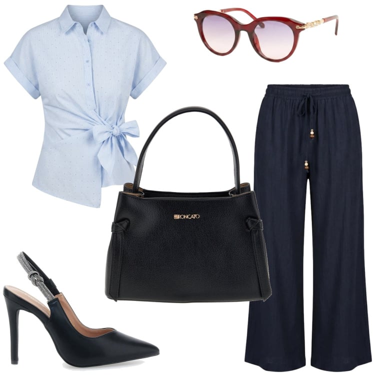 Outfit donna - Estate in ufficio. Stile Chic per Ufficio. Abbinamento con pantaloni a palazzo, camicie a manica corta, occhiali da sole, décolleté, borse a tracolla.