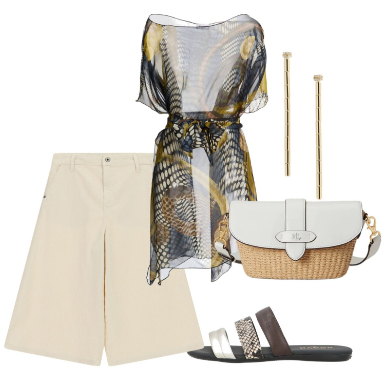 Outfit donna - Eleganza curvy per le sere di giugno - F. Stile Chic per Serata fuori. Abbinamento con sandali in pelle, top, bermuda, borse a spalla, orecchini.