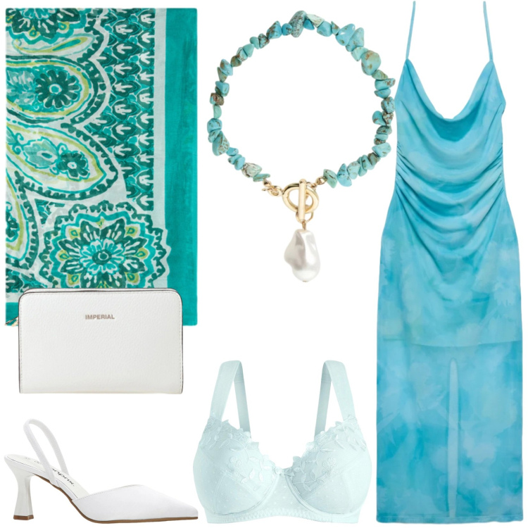 Outfit donna - Total look #2422837. Stile Glamour per Serata fuori. Abbinamento con décolleté, reggiseni, vestiti lunghi, borse a tracolla, braccialetti, foulard.