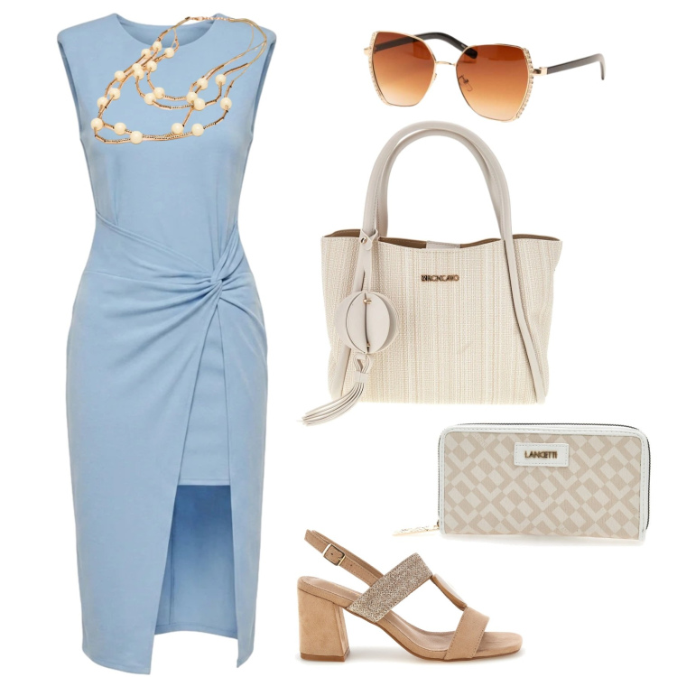 Outfit donna - Summer confidence. Stile Bon Ton per Tutti i giorni. Abbinamento con vestiti asimmetrici, occhiali da sole, collane, portafogli, sandali col tacco, borse a tracolla.