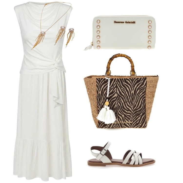 Outfit donna - White summer. Stile Trendy per Tutti i giorni. Abbinamento con top, gonne lunghe, collane, portafogli, sandali, borse a mano.