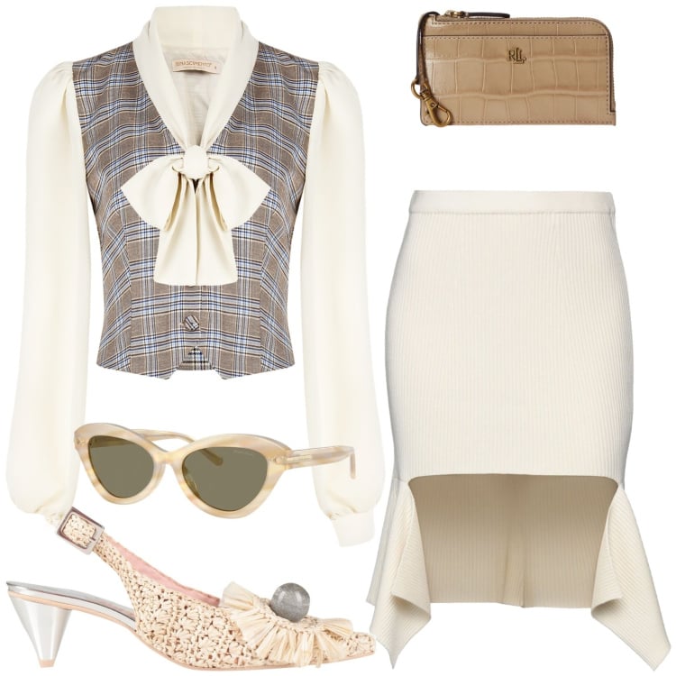 Outfit donna - Total look #2422870. Stile Chic per Cerimonia. Abbinamento con minigonne, décolleté, bluse, occhiali da sole, portafogli.