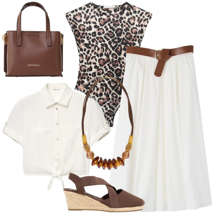Outfit donna - Total look #2422876. Stile Casual chic per Tutti i giorni. Abbinamento con zeppe, top, gonne longuette, camicie a manica corta, borse a tracolla, collane.