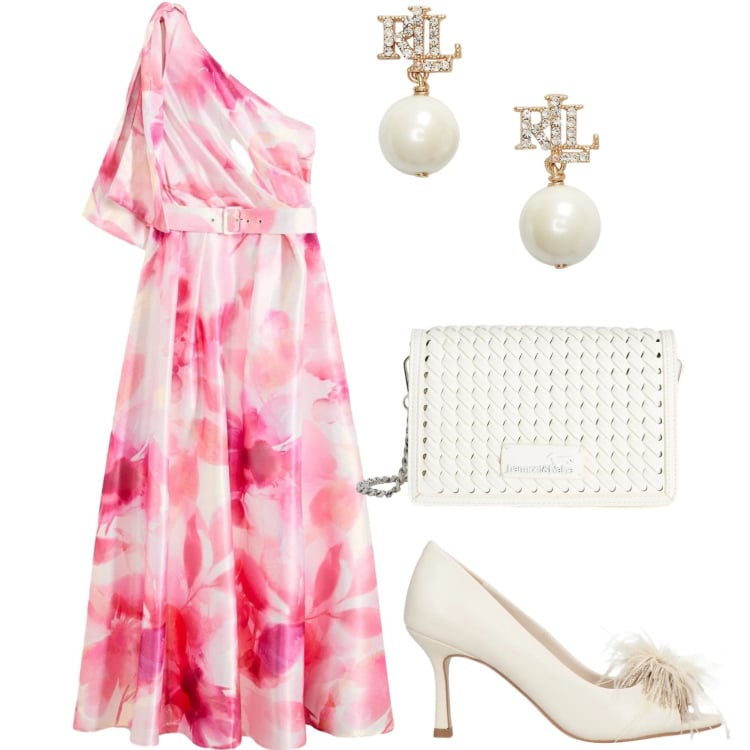 Outfit donna - Total look #2422880. Stile Chic per Cerimonia. Abbinamento con décolleté, vestiti asimmetrici, borse a tracolla, orecchini.