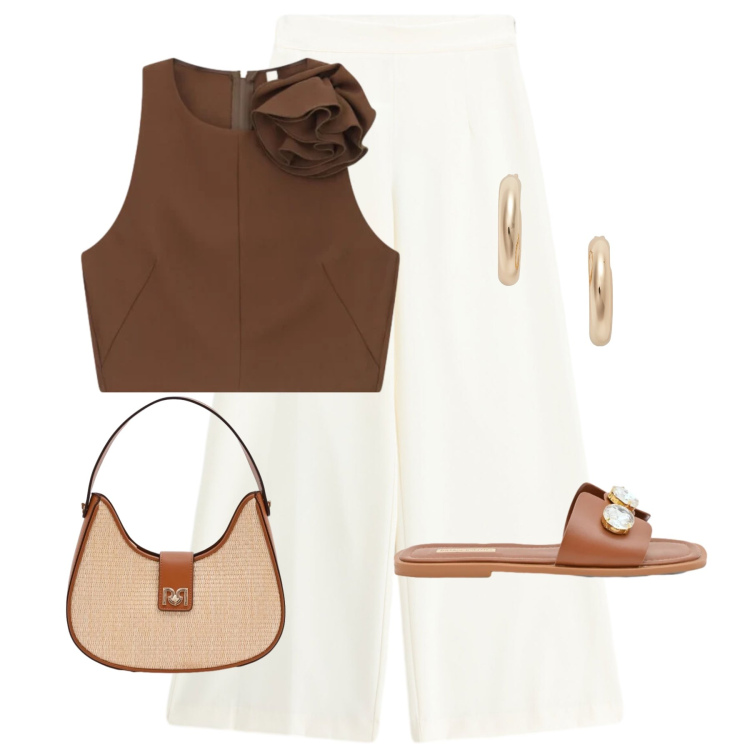 Outfit donna - Brown #1. Stile Casual per Tutti i giorni. Abbinamento con top, pantaloni a palazzo, borse a spalla, sandali gioiello, orecchini.
