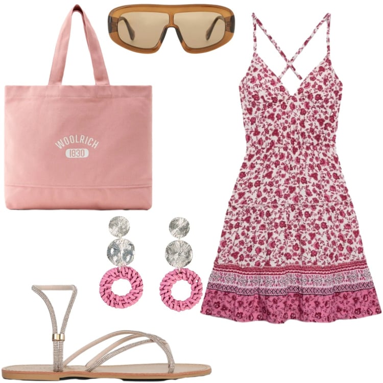 Outfit donna - Afa di giugno. Stile Basic per Tutti i giorni. Abbinamento con orecchini, vestiti corti, sandali, occhiali da sole, borse tote.