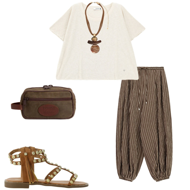 Outfit donna - Giugno. Stile Casual chic per Tutti i giorni. Abbinamento con sandali, pantaloni a palazzo, top, valigie, ciondoli.