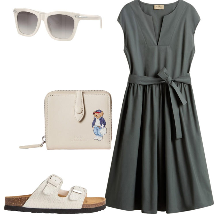 Outfit donna - Abito fresco cotone. Stile Casual chic per Tutti i giorni. Abbinamento con vestiti corti, sandali in pelle, portafogli, occhiali da sole.