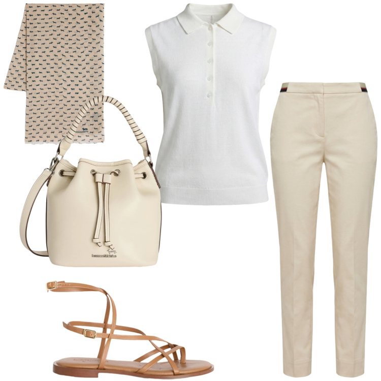 Outfit donna - Harmont & Blaine. Stile Minimal per Ufficio. Abbinamento con pantaloni chino, polo, sandali in pelle, sciarpe, borse a secchiello.