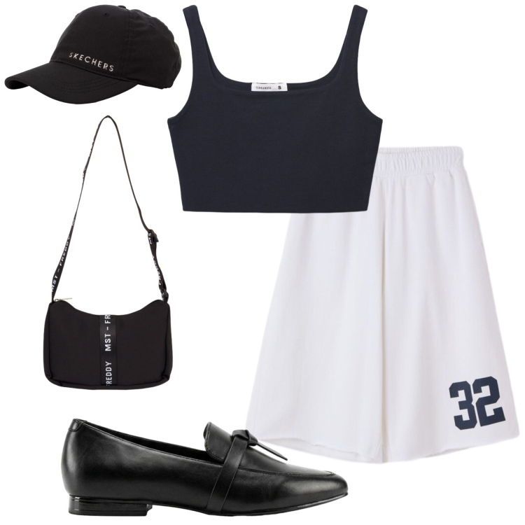 Outfit donna - Sporty-Chic Irresistibile. Stile Sporty chic per Tutti i giorni. Abbinamento con cappelli con visiera, mocassini, cinture, bermuda, canottiere, borse a tracolla.