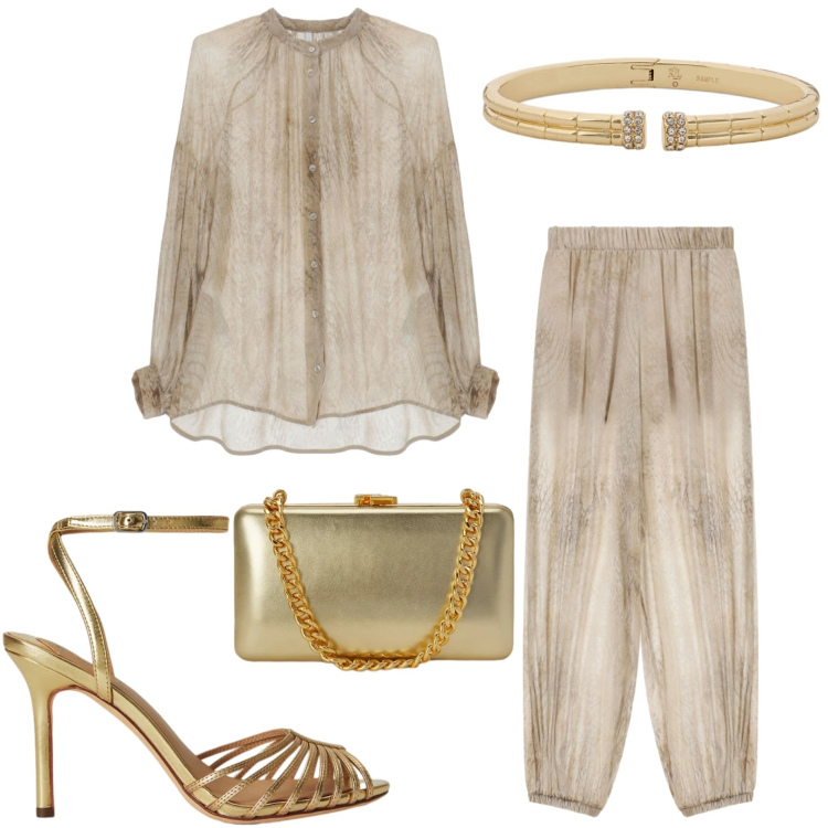Outfit donna - Cerimonia. Stile Chic per Cerimonia. Abbinamento con pantaloni, camicie, clutch, sandali in pelle, braccialetti.