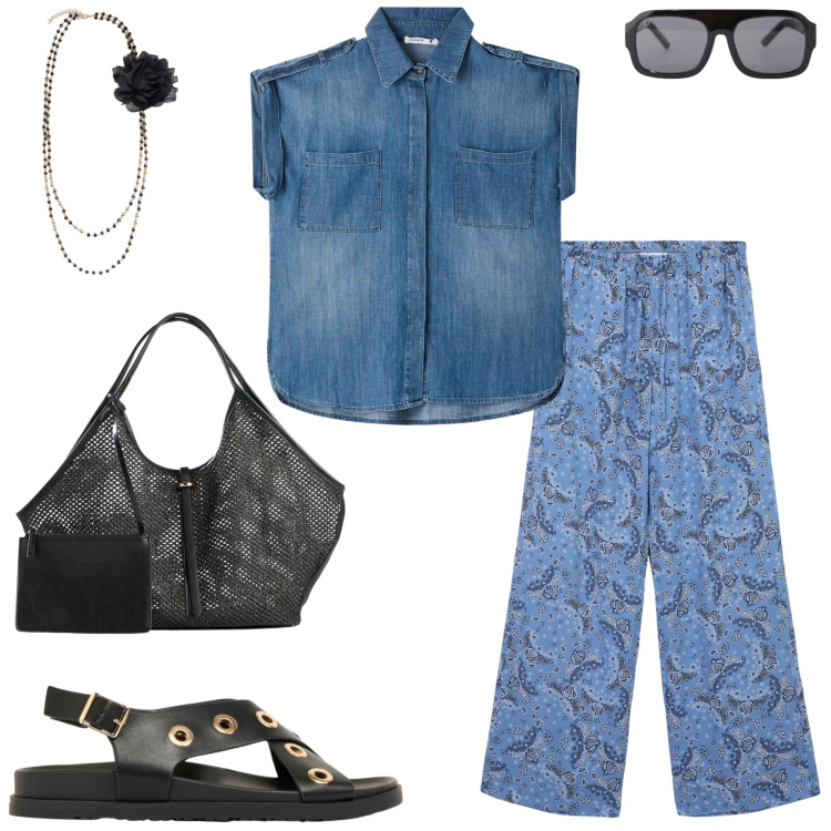 Outfit donna - Look estivo. Stile Casual per Tutti i giorni. Abbinamento con shopping bag, sandali, camicie a manica corta, pantaloni, occhiali da sole, collane.