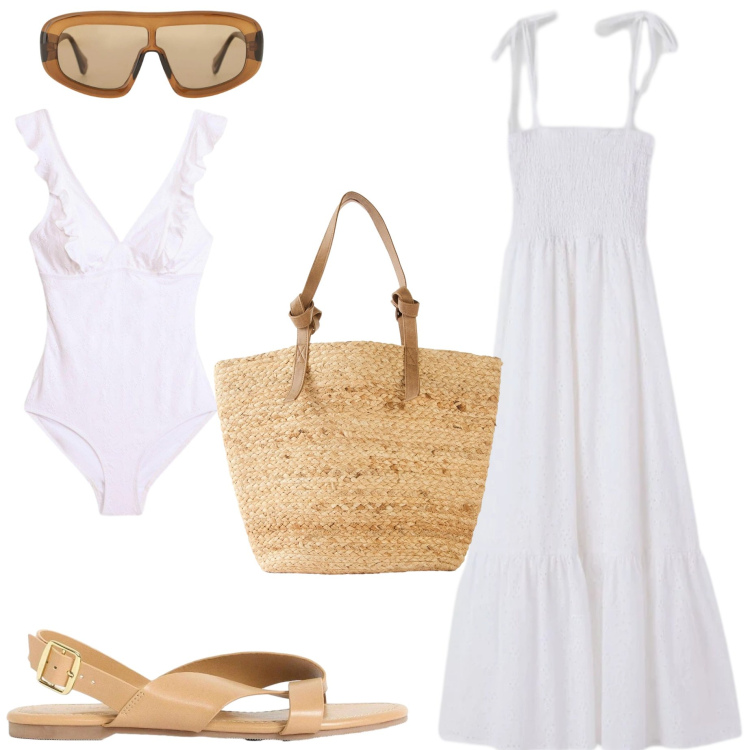Outfit donna - Weekend al mare. Stile Boho per Mare. Abbinamento con shopping bag, sandali, costumi interi, vestiti lunghi, occhiali da sole.