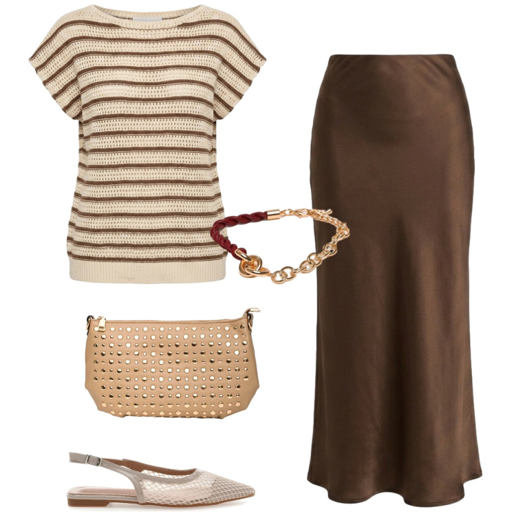 Outfit donna - La gonna in satin. Stile Casual chic per Ufficio. Abbinamento con borse a spalla, braccialetti, gonne longuette, t-shirt, ballerine.