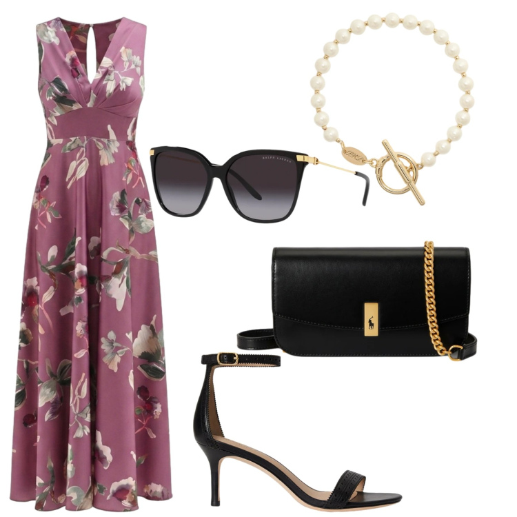 Outfit donna - Total look #2422950. Stile Chic per Cerimonia. Abbinamento con vestiti lunghi, occhiali da sole, clutch, sandali in pelle, braccialetti.