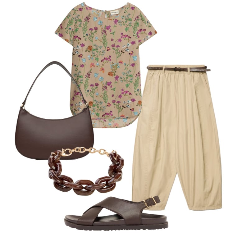 Outfit donna - Total look #2422952. Stile Minimal per Tutti i giorni. Abbinamento con bluse, braccialetti, sandali in pelle, pantaloni, borse a tracolla.