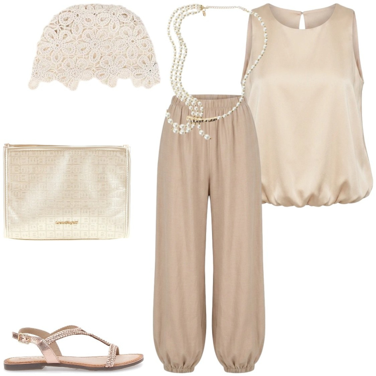 Outfit donna - collana di perle. Stile Boho per Serata fuori. Abbinamento con collane, cappotti, pantaloni, top, pochette, sandali.