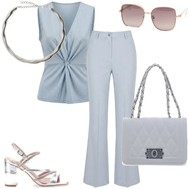 Outfit donna - Blue moon. Stile Casual chic per Tutti i giorni. Abbinamento con collane, pantaloni, occhiali da sole, top, borse a tracolla, sandali col tacco.