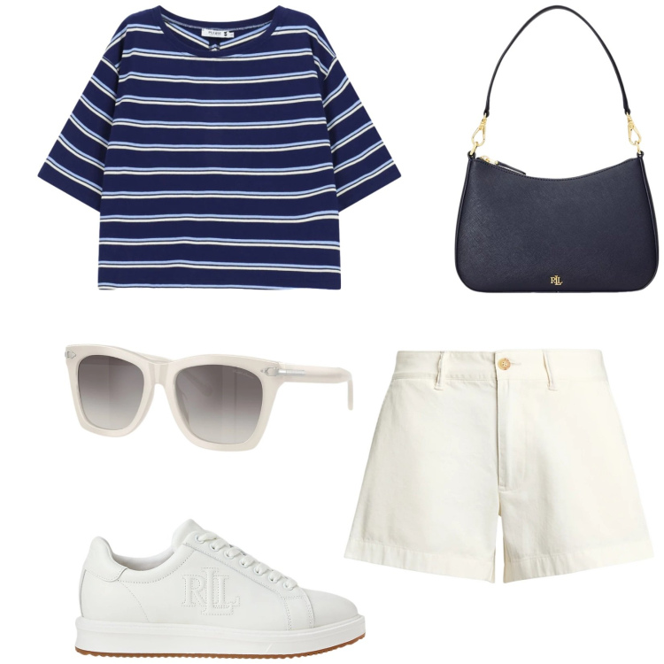 Outfit donna - Total look #2422978. Stile Casual per Tutti i giorni. Abbinamento con top, sneakers, borse a spalla, shorts, occhiali da sole.